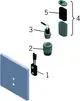 Montageanleitung für Urinal-Batterie von HANSA mit einzelnen Komponenten: Sensor, Schalter, Halterung und Abschlussteil. Anbringung an einer tragenden Fläche dargestellt.